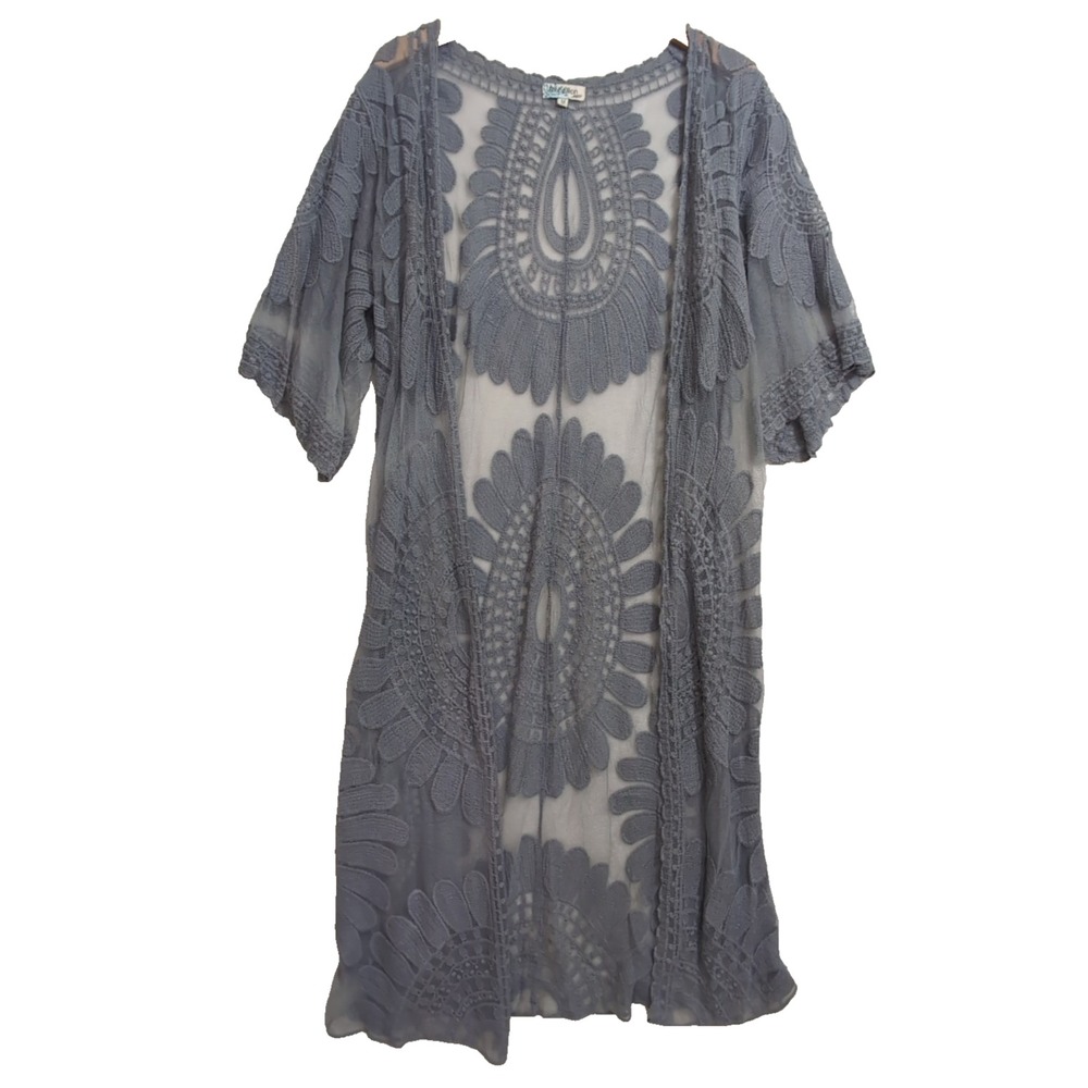 Rebellion Maxi Cardigan Women M Gray Sheer Open Front Embroidered Boho